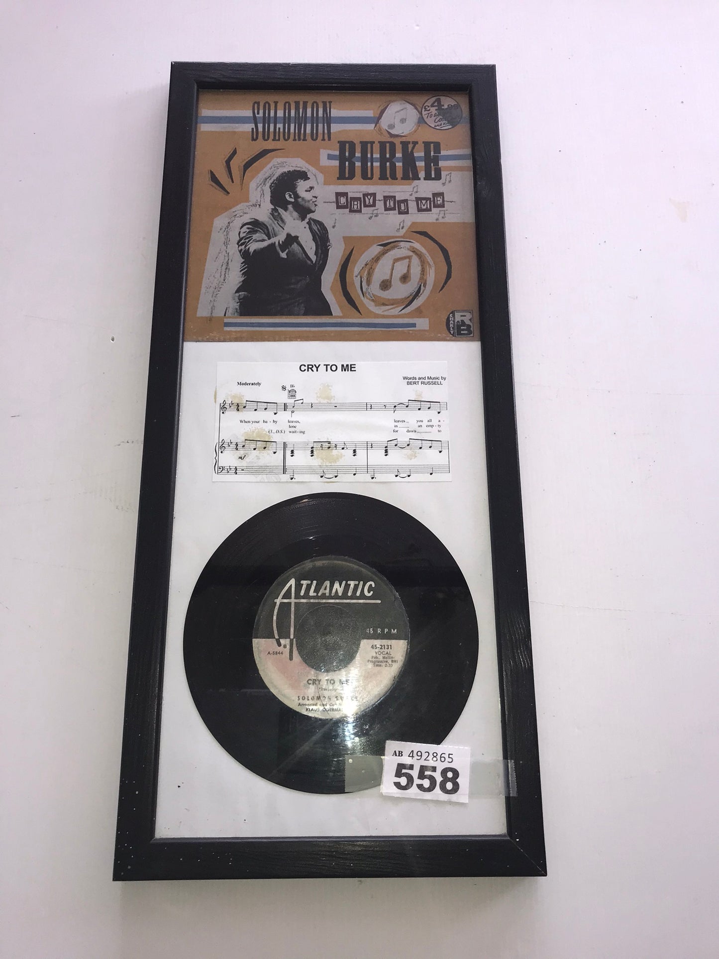 Solomon Burke Cry to Me Vinyl 7" Mounted in Frame - Lot 558